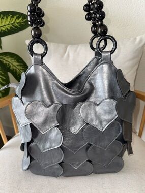 RARE Gray Faux Leather Retro Groovy Hearts Flap Beaded Handle Shoulder Bag Purse